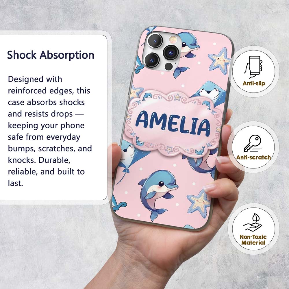 Cute Dolphin Stingray Starfish Cartoon Sea Life Custom Name Protective Phone Case Mobile Cover Durable Everyday Smartphone Shock Resistant