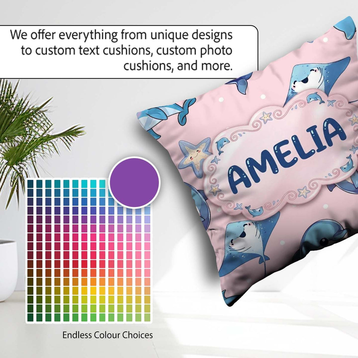Custom Name Cute Dolphin Stingray Starfish Cartoon Sea Life Pink Square Filled Cushion Throw Pillow Sofa Bed Home Decor Zip Washable UK Made