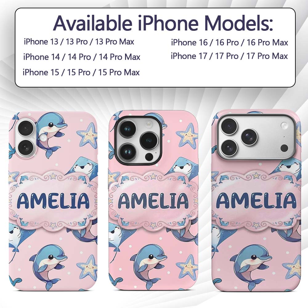 Cute Dolphin Stingray Starfish Cartoon Sea Life Custom Name Protective Phone Case Mobile Cover Durable Everyday Smartphone Shock Resistant