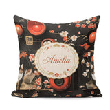 Custom Name Japanese Dining with Cherry Blossoms and Traditional Square Filled Cushion Throw Pillow Sofa Bed Home Decor Zip Washable UK Made