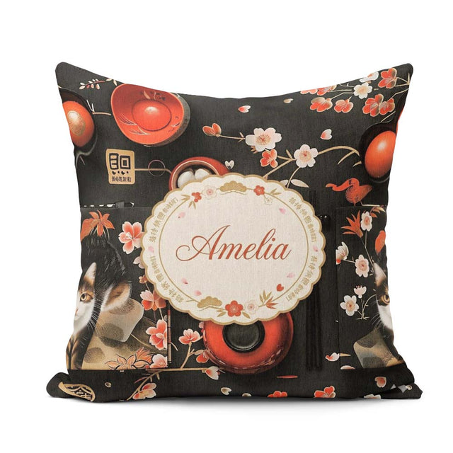 Custom Name Japanese Dining with Cherry Blossoms and Traditional Square Filled Cushion Throw Pillow Sofa Bed Home Decor Zip Washable UK Made