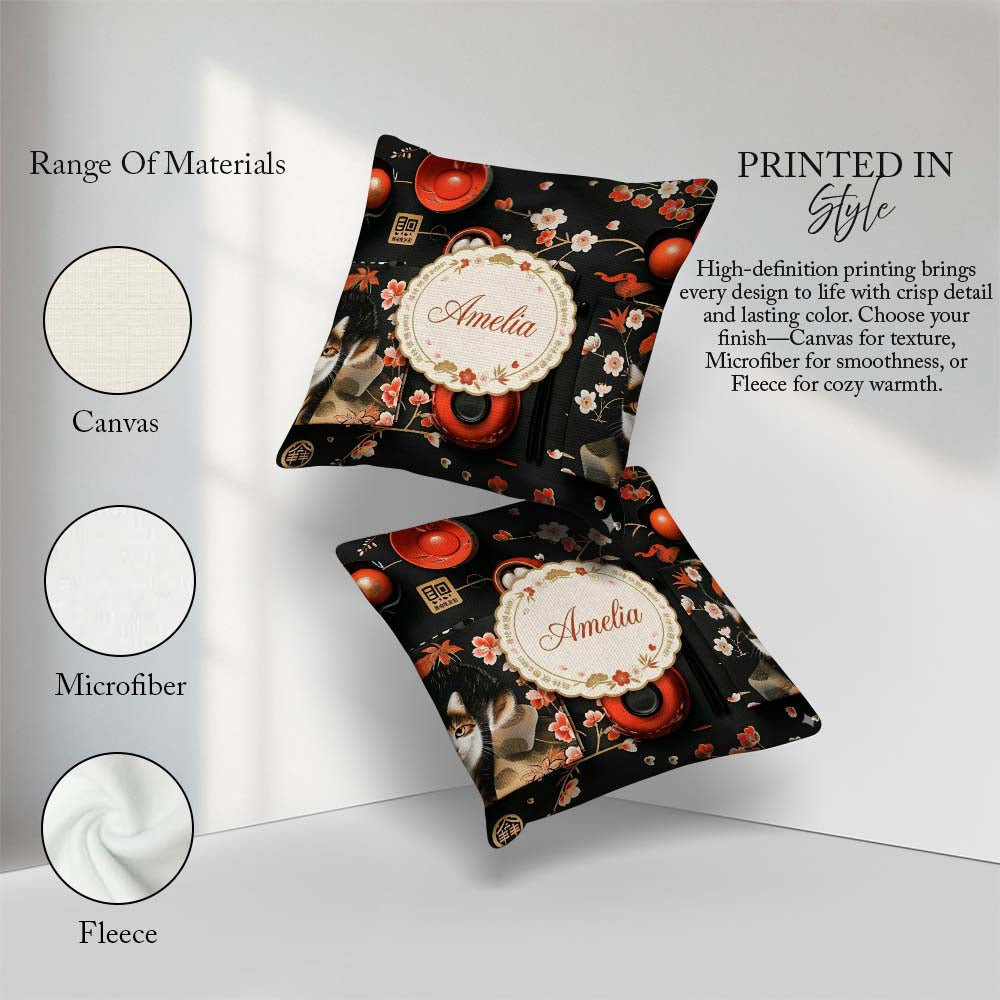 Custom Name Japanese Dining with Cherry Blossoms and Traditional Square Filled Cushion Throw Pillow Sofa Bed Home Decor Zip Washable UK Made