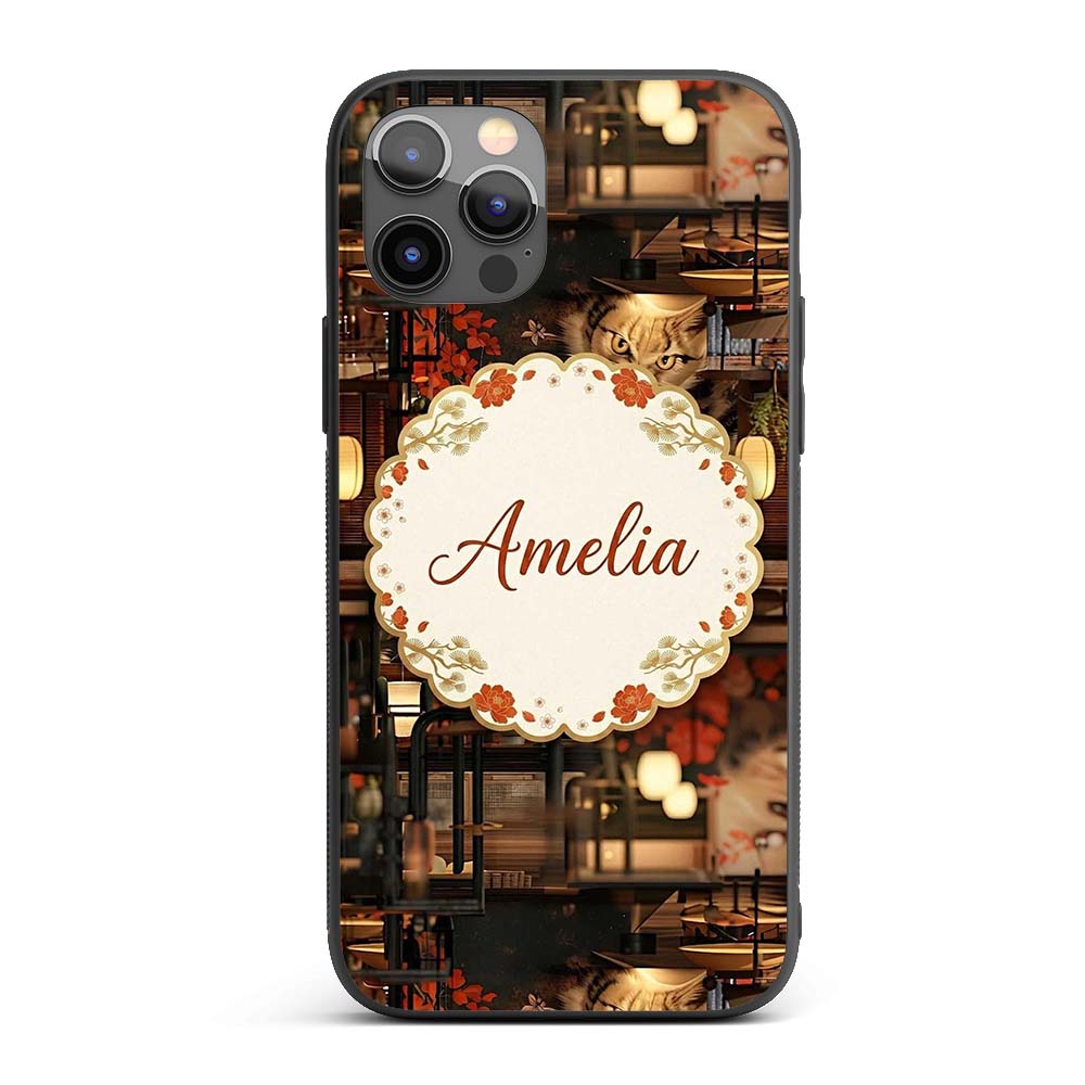 Artistic Cat with Red Flowers in Japanese Style Custom Name Protective Phone Case Mobile Cover Durable Everyday Smartphone Shock Resistant