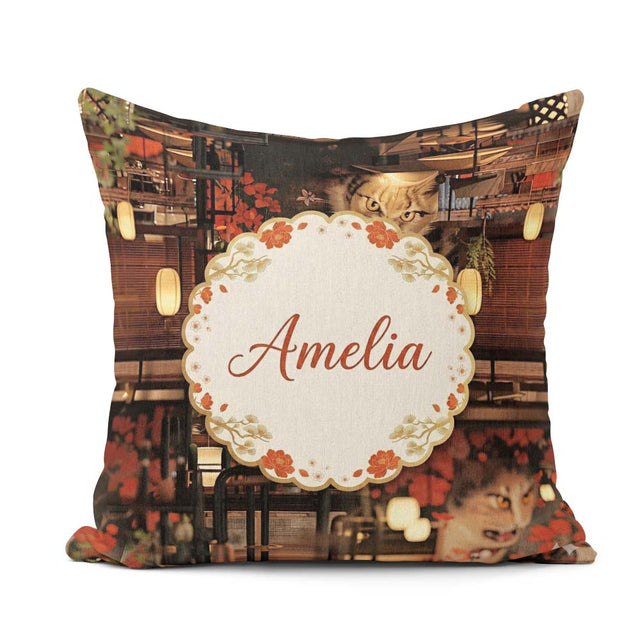 Custom Name Artistic Cat with Flowers in Japanese Style Interior Square Filled Cushion Throw Pillow Sofa Bed Home Decor Zip Washable UK Made