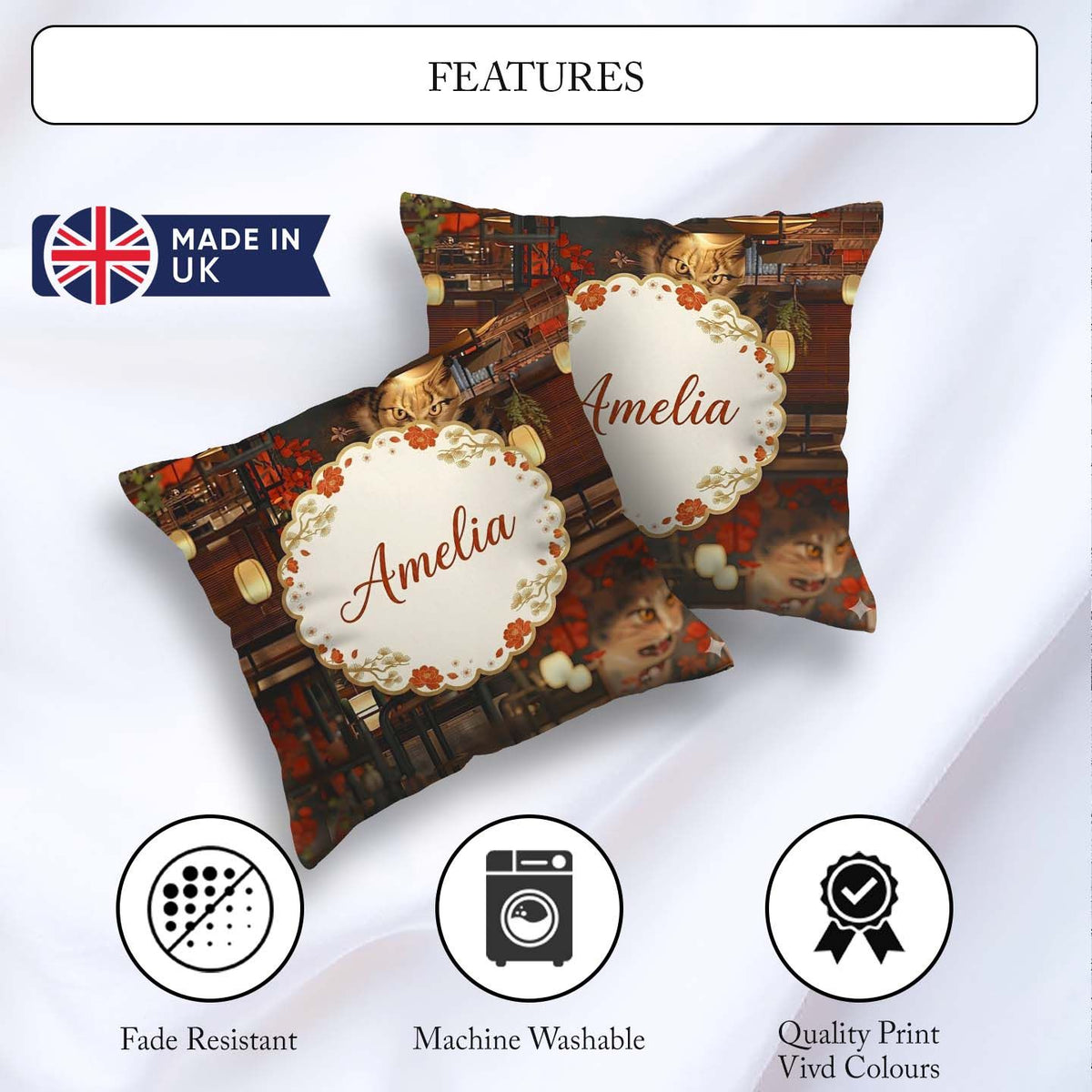 Custom Name Artistic Cat with Flowers in Japanese Style Interior Square Filled Cushion Throw Pillow Sofa Bed Home Decor Zip Washable UK Made