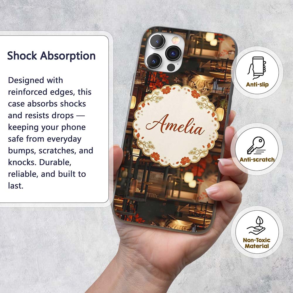 Artistic Cat with Red Flowers in Japanese Style Custom Name Protective Phone Case Mobile Cover Durable Everyday Smartphone Shock Resistant