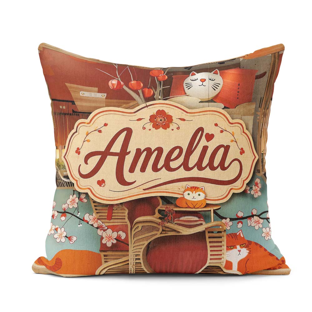 Custom Name Cute Cartoon Cats with Blossoms and Lantern Playful Square Filled Cushion Throw Pillow Sofa Bed Home Decor Zip Washable UK Made