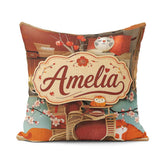 Custom Name Cute Cartoon Cats with Blossoms and Lantern Playful Square Filled Cushion Throw Pillow Sofa Bed Home Decor Zip Washable UK Made