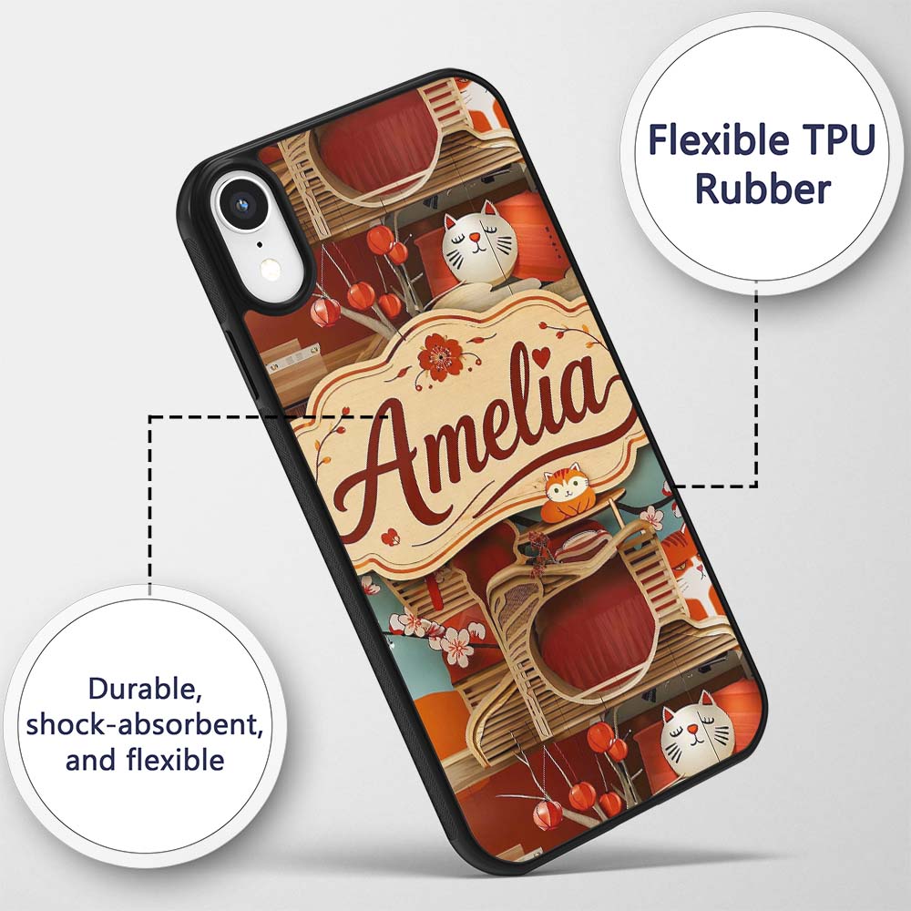Cute Cartoon Cats with Cherry Printed Design Custom Name Protective Phone Case Mobile Cover Durable Everyday Smartphone Shock Resistant