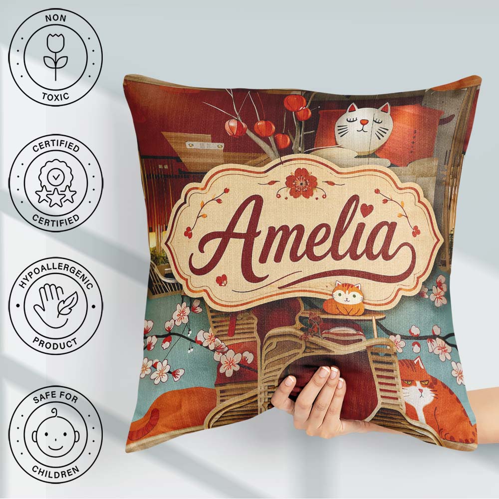 Custom Name Cute Cartoon Cats with Blossoms and Lantern Playful Square Filled Cushion Throw Pillow Sofa Bed Home Decor Zip Washable UK Made