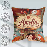Custom Name Cute Cartoon Cats with Blossoms and Lantern Playful Square Filled Cushion Throw Pillow Sofa Bed Home Decor Zip Washable UK Made