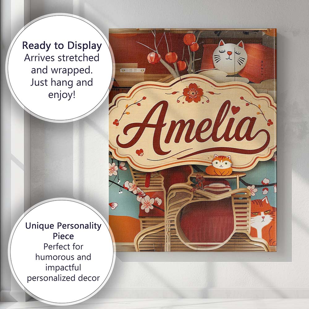 Personalised Name Cute Cartoon Cats with Custom  Unique Gift Idea Elegant Feature Canvas Wall Art Print Decor Picture Ready to Hang