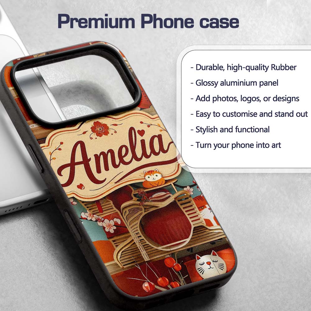 Cute Cartoon Cats with Cherry Printed Design Custom Name Protective Phone Case Mobile Cover Durable Everyday Smartphone Shock Resistant