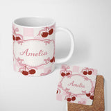 Personalized Custom Name Cherry Bow Ribbon Cute Pink Gingham Picnic Check Seamless Pattern 11oz Ceramic Coffee Tea Mug White Large Handle
