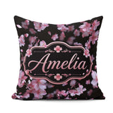 Custom Name Soft Pink Blossom Flowers on Dark Background Elegant Square Filled Cushion Throw Pillow Sofa Bed Home Decor Zip Washable UK Made