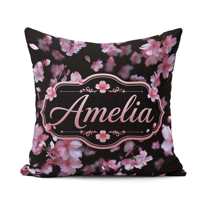 Custom Name Soft Pink Blossom Flowers on Dark Background Elegant Square Filled Cushion Throw Pillow Sofa Bed Home Decor Zip Washable UK Made