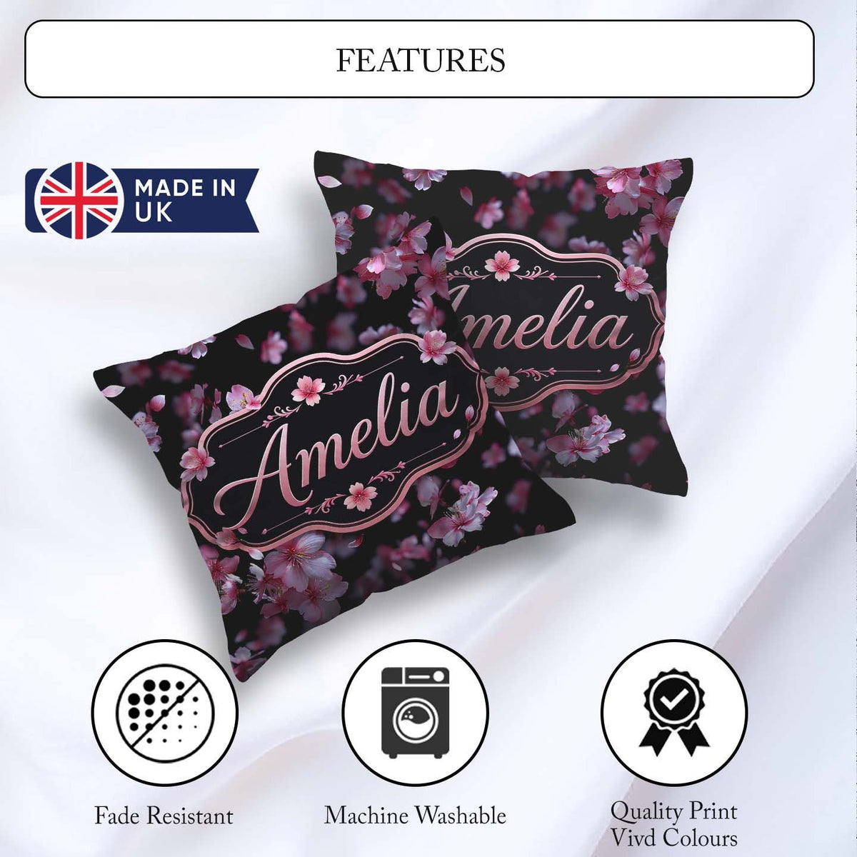 Custom Name Soft Pink Blossom Flowers on Dark Background Elegant Square Filled Cushion Throw Pillow Sofa Bed Home Decor Zip Washable UK Made