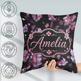 Custom Name Soft Pink Blossom Flowers on Dark Background Elegant Square Filled Cushion Throw Pillow Sofa Bed Home Decor Zip Washable UK Made