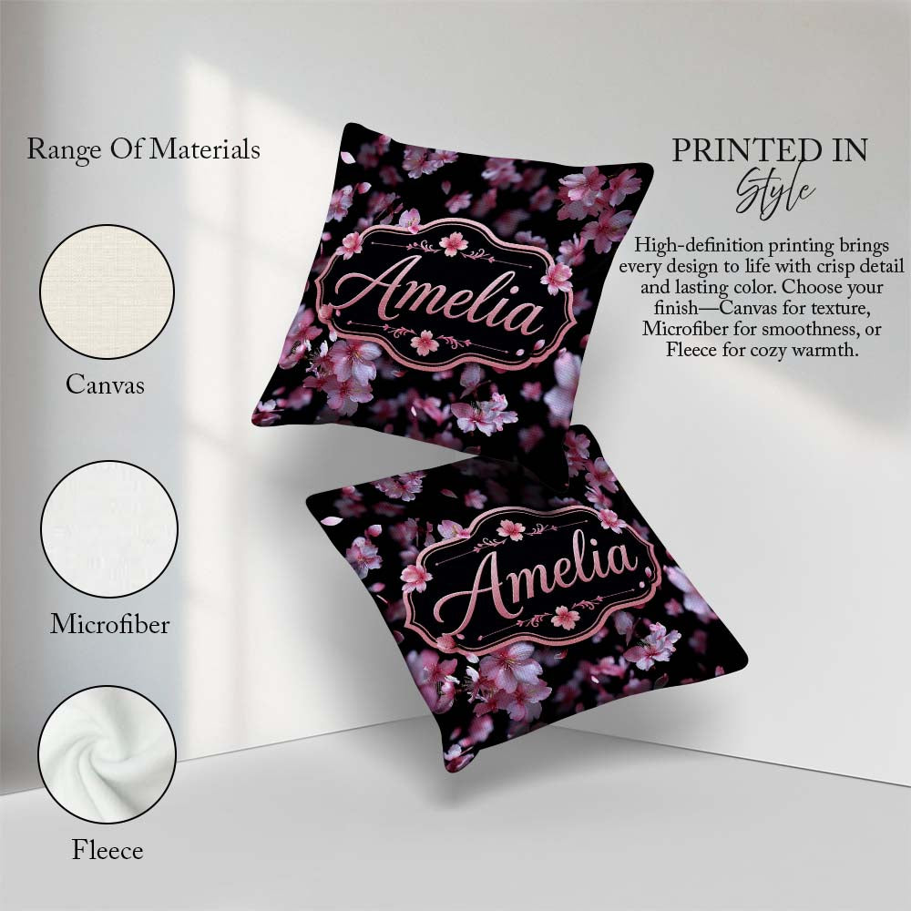Custom Name Soft Pink Blossom Flowers on Dark Background Elegant Square Filled Cushion Throw Pillow Sofa Bed Home Decor Zip Washable UK Made