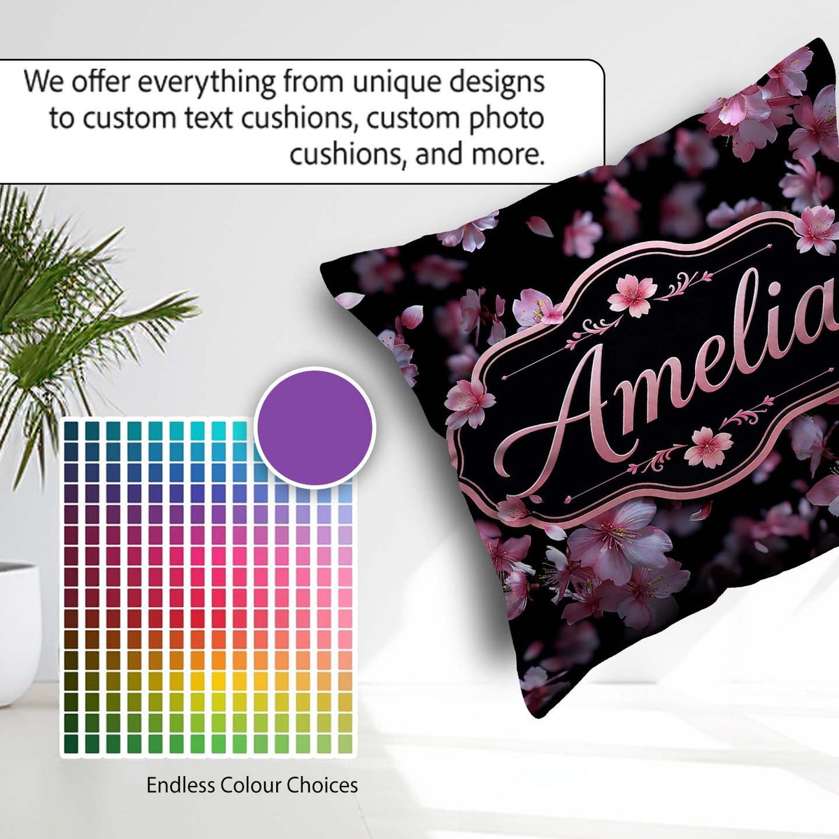 Custom Name Soft Pink Blossom Flowers on Dark Background Elegant Square Filled Cushion Throw Pillow Sofa Bed Home Decor Zip Washable UK Made