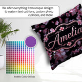 Custom Name Soft Pink Blossom Flowers on Dark Background Elegant Square Filled Cushion Throw Pillow Sofa Bed Home Decor Zip Washable UK Made
