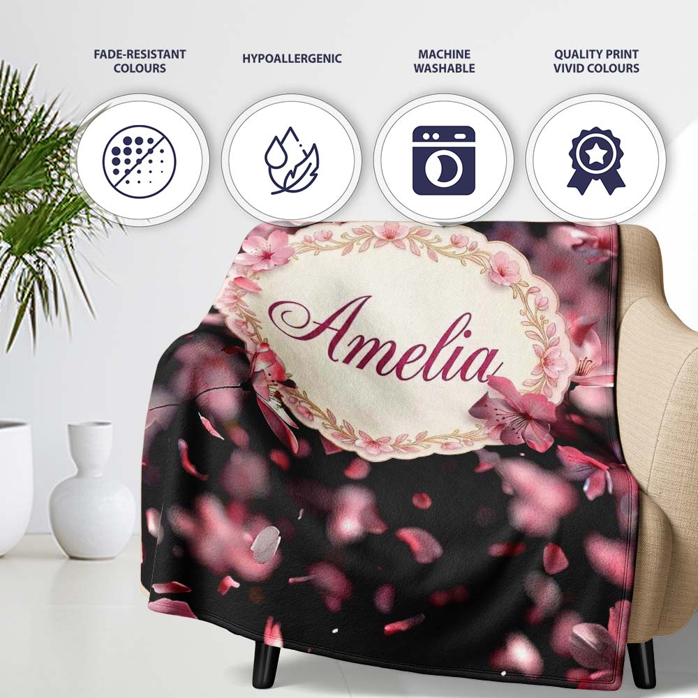 Delicate Sakura Blossoms on Dark Background Pattern Elegant Japanese  Personalised Custom Name Super Soft Fleece Blanket Bed Sofa Throw