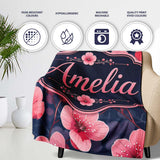 Stylized Cherry Blossom Flowers with Heart Buds Pattern Modern  Personalised Custom Name Super Soft Fleece Blanket Bed Sofa Throw