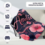 Stylized Cherry Blossom Flowers with Heart Buds Pattern Modern  Personalised Custom Name Super Soft Fleece Blanket Bed Sofa Throw