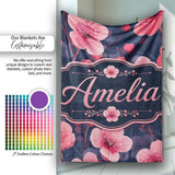 Stylized Cherry Blossom Flowers with Heart Buds Pattern Modern  Personalised Custom Name Super Soft Fleece Blanket Bed Sofa Throw