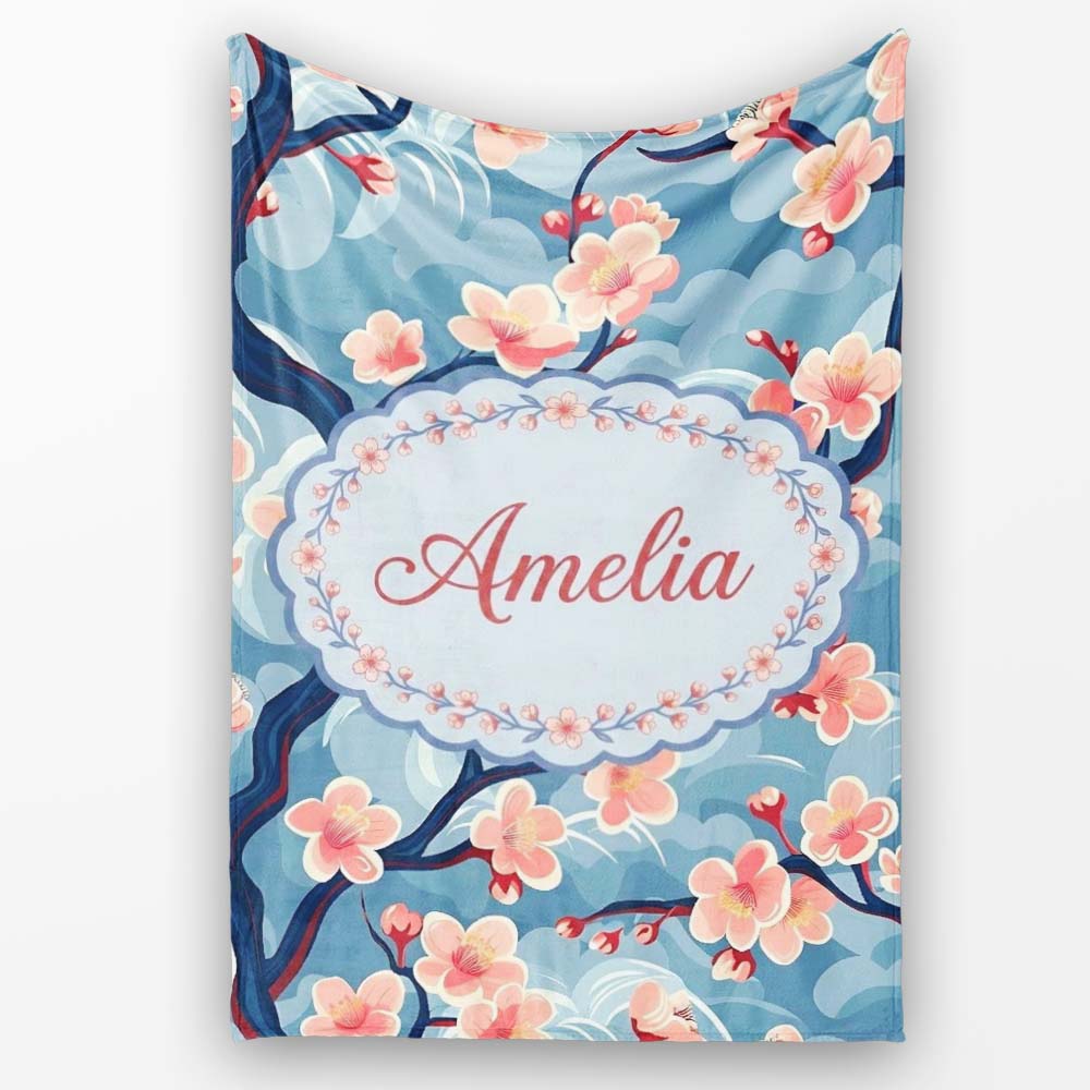 Japanese Cherry Blossom Tree Branches with Cloud Background Artistic  Personalised Custom Name Super Soft Fleece Blanket Bed Sofa Throw