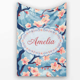 Japanese Cherry Blossom Tree Branches with Cloud Background Artistic  Personalised Custom Name Super Soft Fleece Blanket Bed Sofa Throw