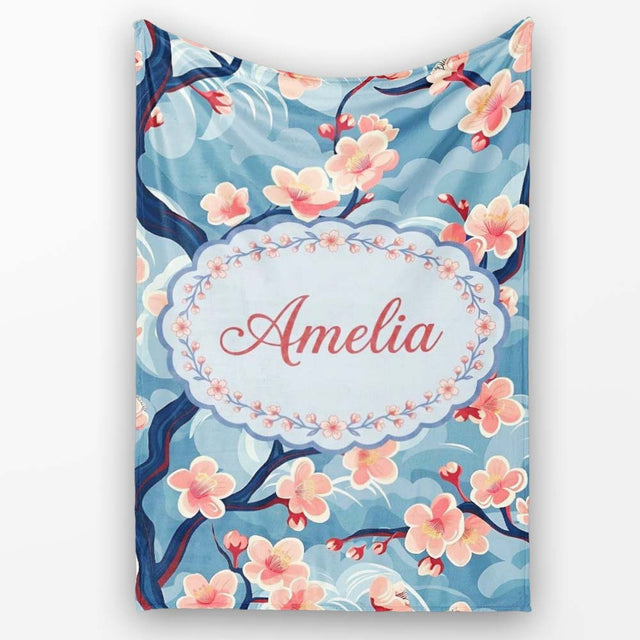 Japanese Cherry Blossom Tree Branches with Cloud Background Artistic  Personalised Custom Name Super Soft Fleece Blanket Bed Sofa Throw