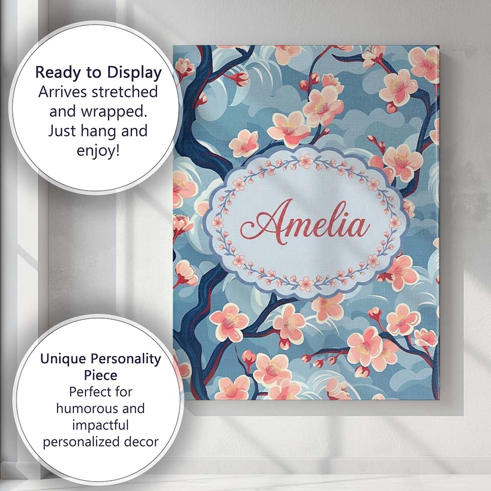 Personalised Name Japanese Cherry Blossom Custom  Unique Gift Idea Elegant Feature Canvas Wall Art Print Decor Picture Ready to Hang