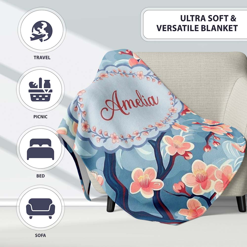 Japanese Cherry Blossom Tree Branches with Cloud Background Artistic  Personalised Custom Name Super Soft Fleece Blanket Bed Sofa Throw