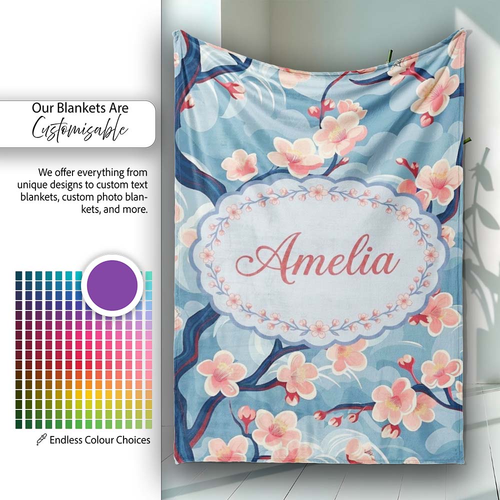 Japanese Cherry Blossom Tree Branches with Cloud Background Artistic  Personalised Custom Name Super Soft Fleece Blanket Bed Sofa Throw