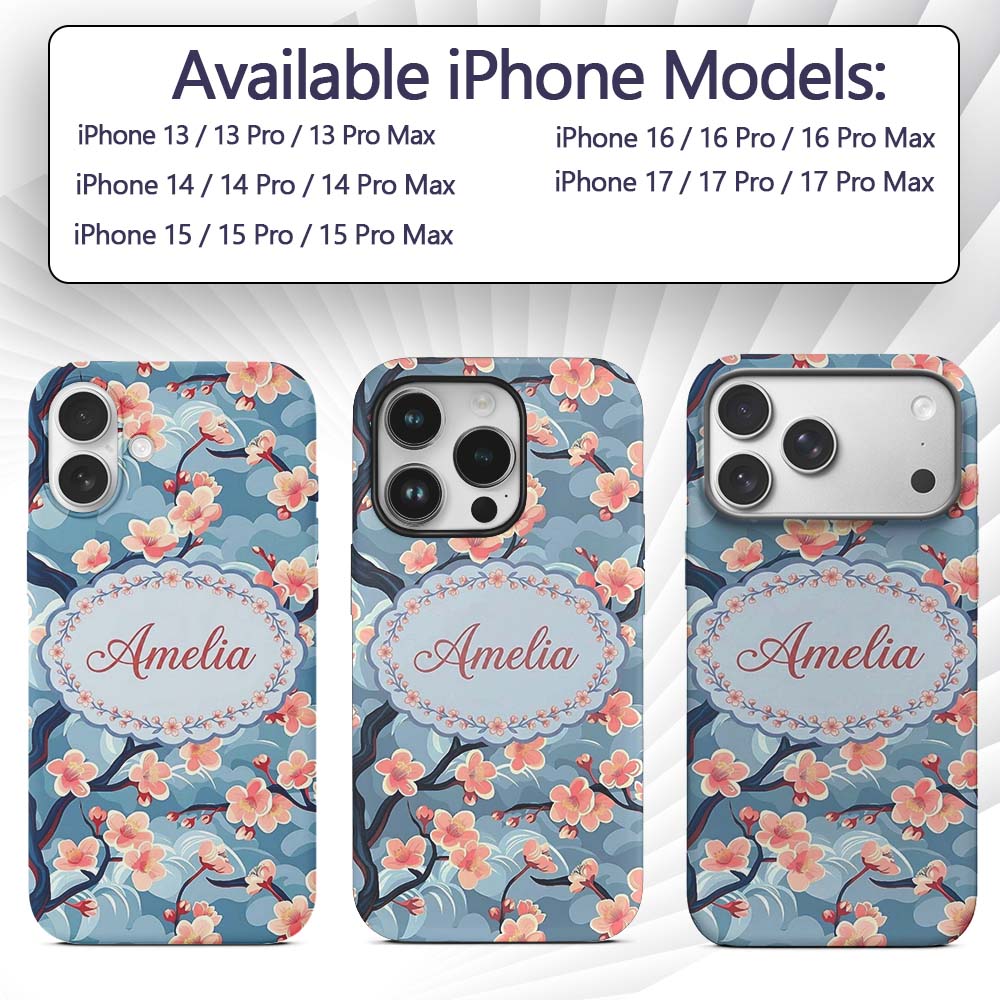 Japanese Cherry Blossom Tree Branches with Cloud Custom Name Protective Phone Case Mobile Cover Durable Everyday Smartphone Shock Resistant