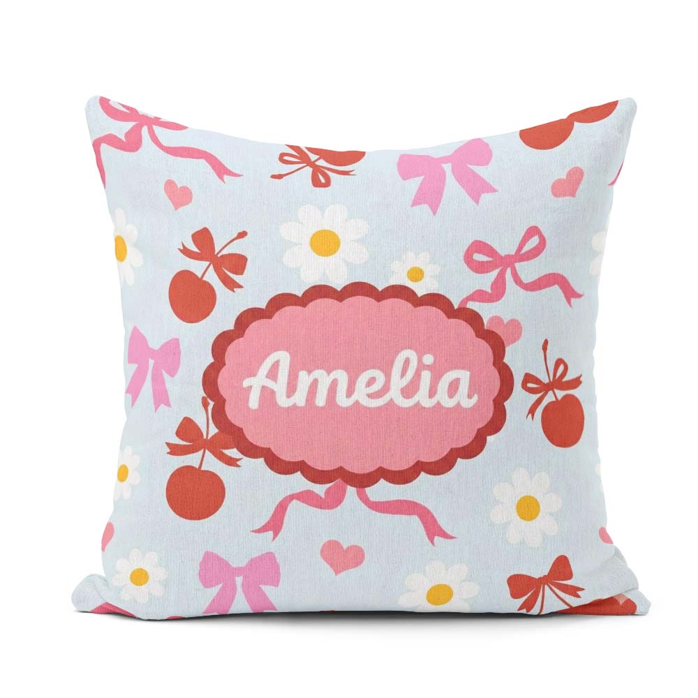 Custom Name Cute Cherry and Bow Motif with Daisy Flowers Pattern Square Filled Cushion Throw Pillow Sofa Bed Home Decor Zip Washable UK Made