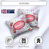 Custom Name Cute Cherry and Bow Motif with Daisy Flowers Pattern Square Filled Cushion Throw Pillow Sofa Bed Home Decor Zip Washable UK Made
