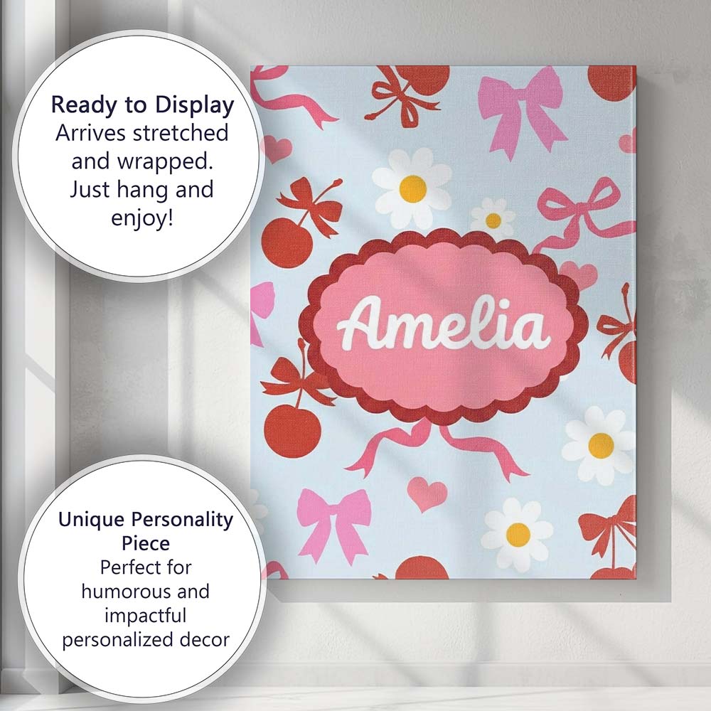 Personalised Name Cute Cherry and Bow Motif Custom  Bespoke Interior Contemporary Canvas Wall Art Print Decor Picture Ready to Hang