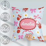 Custom Name Cute Cherry and Bow Motif with Daisy Flowers Pattern Square Filled Cushion Throw Pillow Sofa Bed Home Decor Zip Washable UK Made