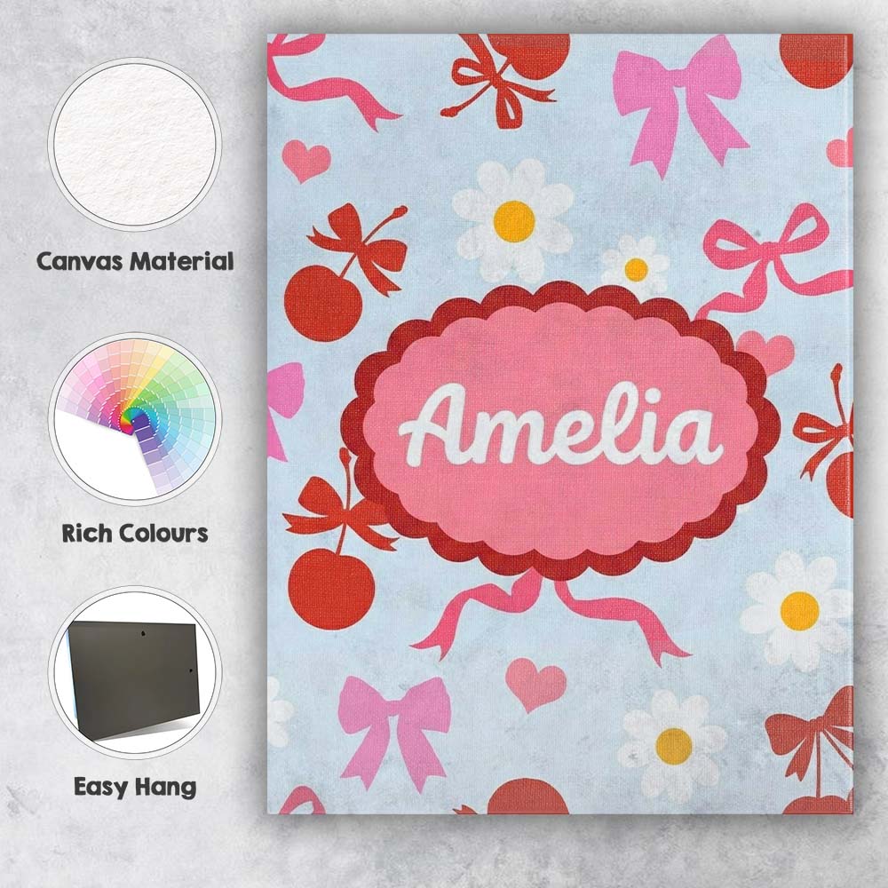 Personalised Name Cute Cherry and Bow Motif Custom  Bespoke Interior Contemporary Canvas Wall Art Print Decor Picture Ready to Hang