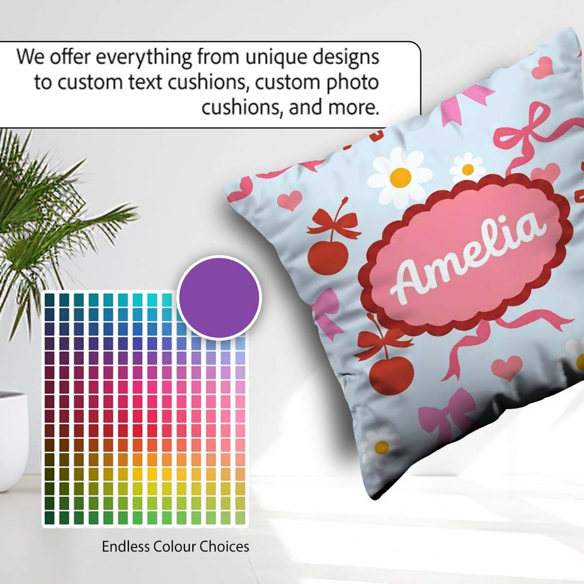 Custom Name Cute Cherry and Bow Motif with Daisy Flowers Pattern Square Filled Cushion Throw Pillow Sofa Bed Home Decor Zip Washable UK Made