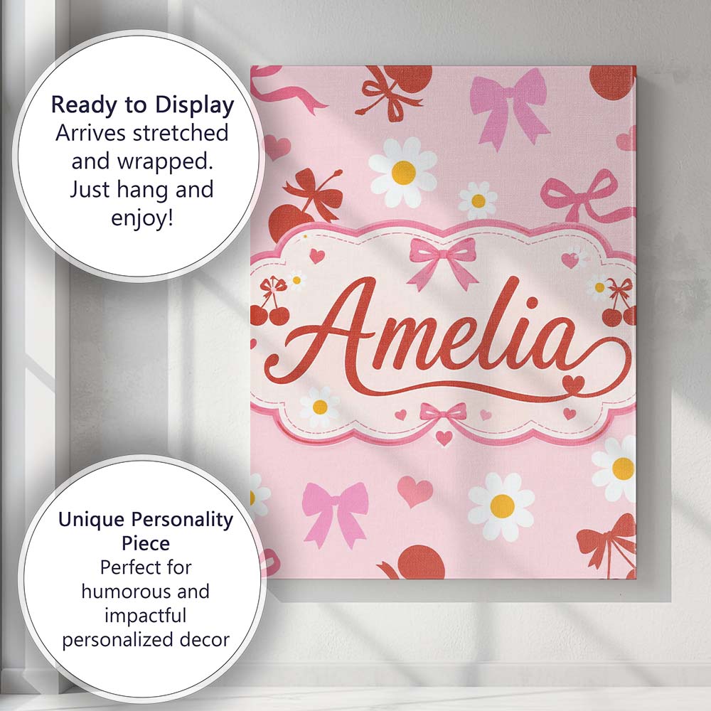 Personalised Name Pastel Cherry and Ribbon Custom  Unique Gift Idea Elegant Feature Canvas Wall Art Print Decor Picture Ready to Hang