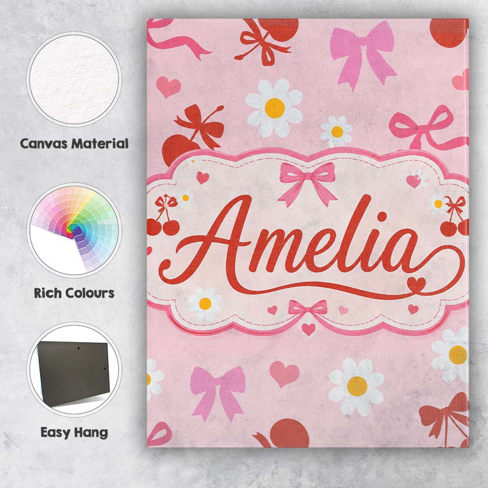 Personalised Name Pastel Cherry and Ribbon Custom  Unique Gift Idea Elegant Feature Canvas Wall Art Print Decor Picture Ready to Hang