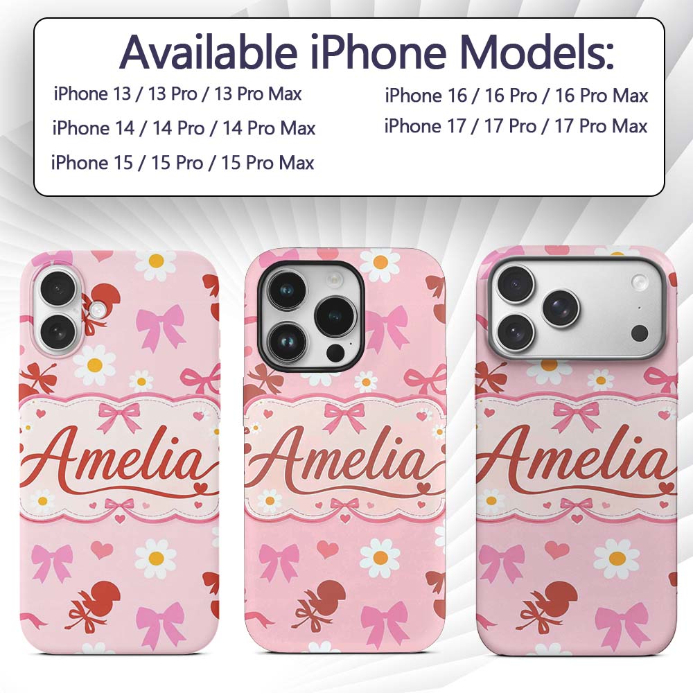 Pastel Cherry and Ribbon Pattern Printed Design Custom Name Protective Phone Case Mobile Cover Durable Everyday Smartphone Shock Resistant