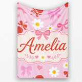 Pink Cherry and Bow Decorative with Floral Elements Sweet Style  Personalised Custom Name Super Soft Fleece Blanket Bed Sofa Throw