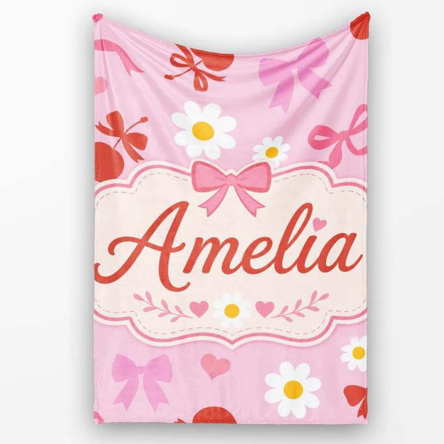 Pink Cherry and Bow Decorative with Floral Elements Sweet Style  Personalised Custom Name Super Soft Fleece Blanket Bed Sofa Throw