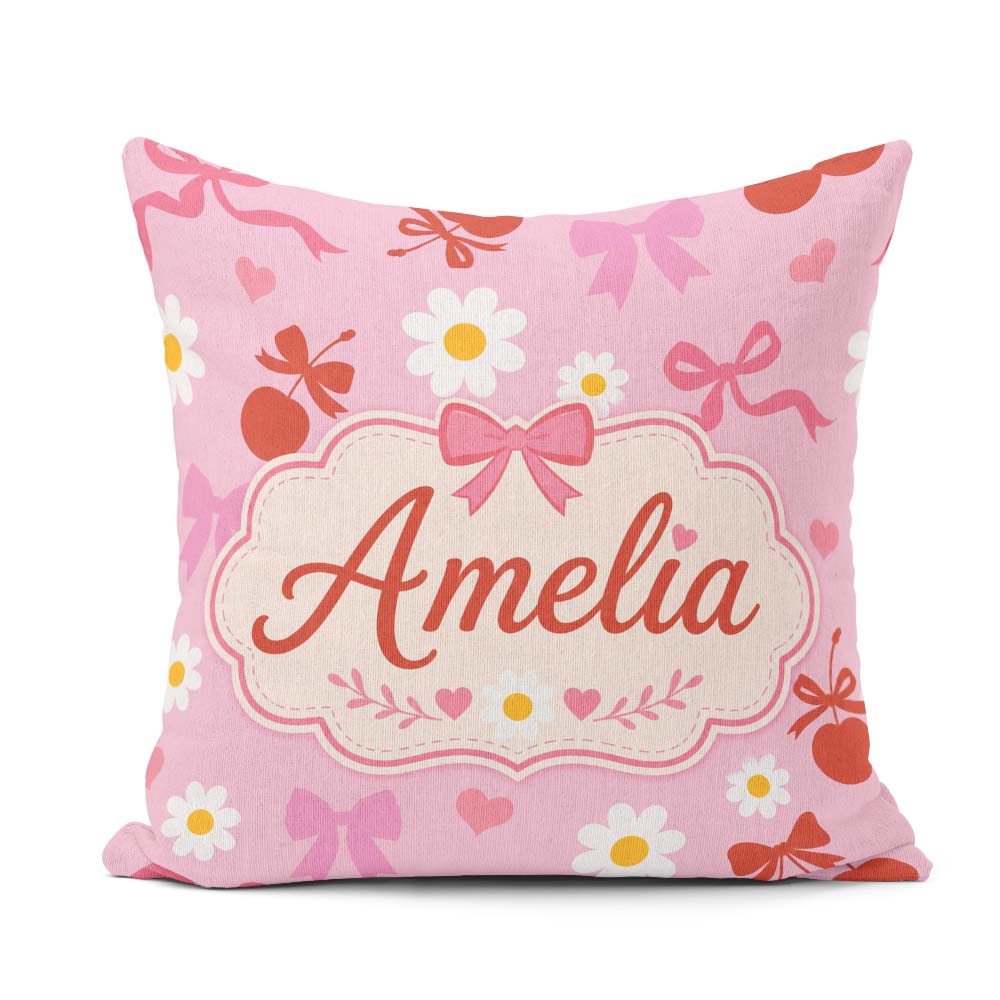 Custom Name Pink Cherry and Bow with Floral Elements Sweet Style Square Filled Cushion Throw Pillow Sofa Bed Home Decor Zip Washable UK Made