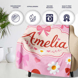Pink Cherry and Bow Decorative with Floral Elements Sweet Style  Personalised Custom Name Super Soft Fleece Blanket Bed Sofa Throw