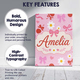 Personalised Name Pink Cherry and Bow Custom Modern Room Accent Creative Decorator Style Canvas Wall Art Print Decor Picture Ready to Hang